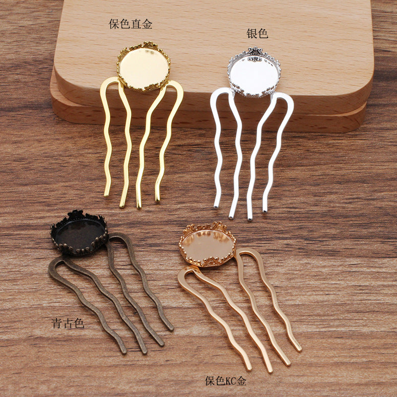 10 Kronenrand-Bezel-Cup-Haargabel-Kamm-Haarnadel 18KGP 15mm runder Cabochon-Rohling-Basis-Edelsteinstück-Fassung