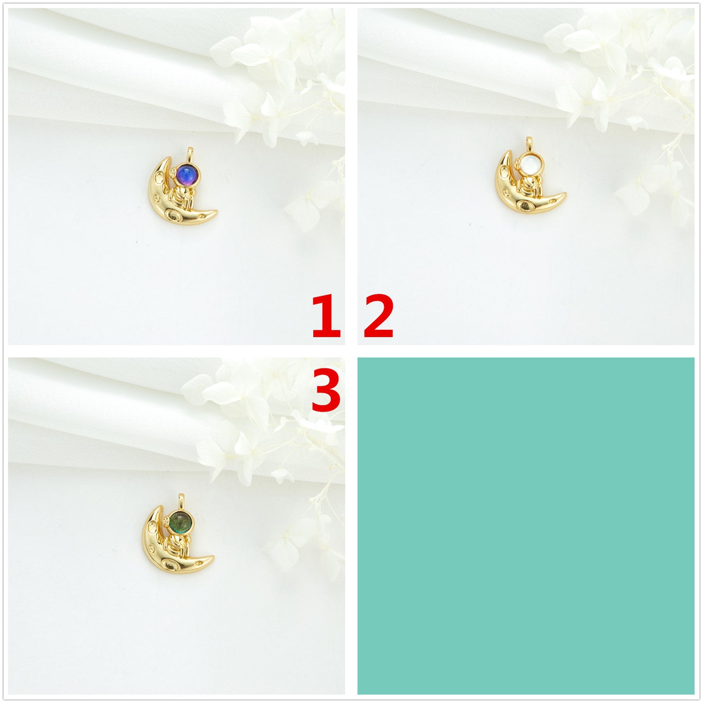 2 Cateye-Steine, Astronaut auf Mond, Rakete, Schwan, Katze, Charm-Anhänger, Harz, Strass, verziert, 14 K GF