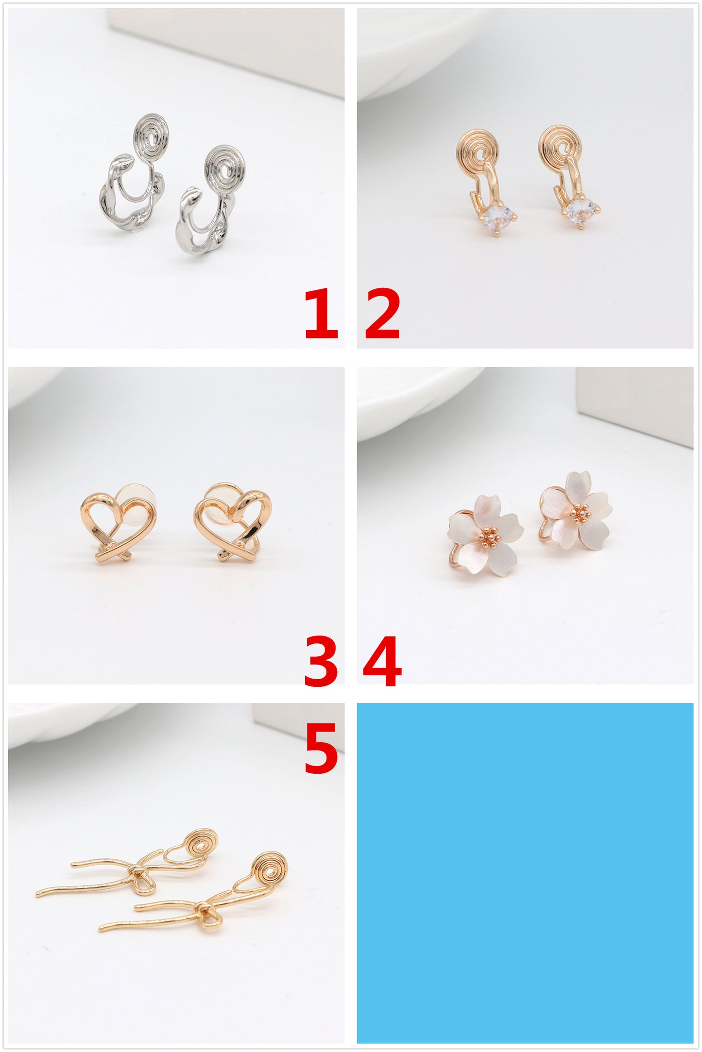 4 Spiral Ear Clips No Piercing Earring Rhinestone Embellished 14K GF Earing