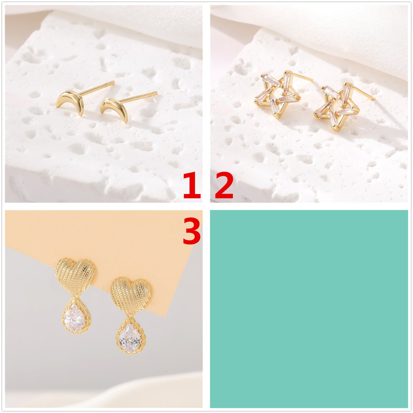 Boucles d'oreilles à tige en forme de cœur et d'étoile de lune, 4 pièces, ornées de strass 14K GF