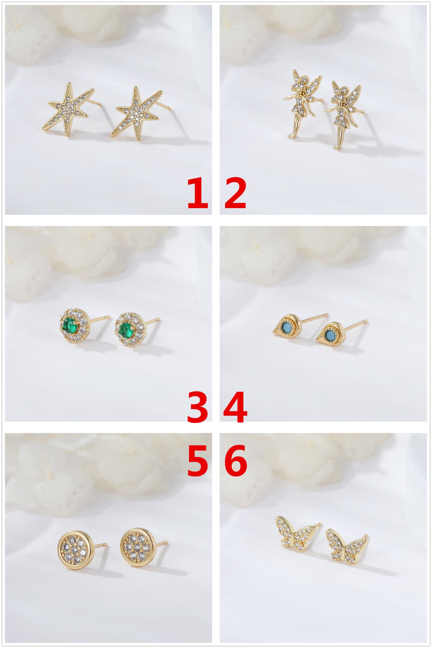 Boucles d'oreilles à tige rondes en forme d'ange 4 étoiles, goutte d'eau, papillon, ornées de strass 14K GF