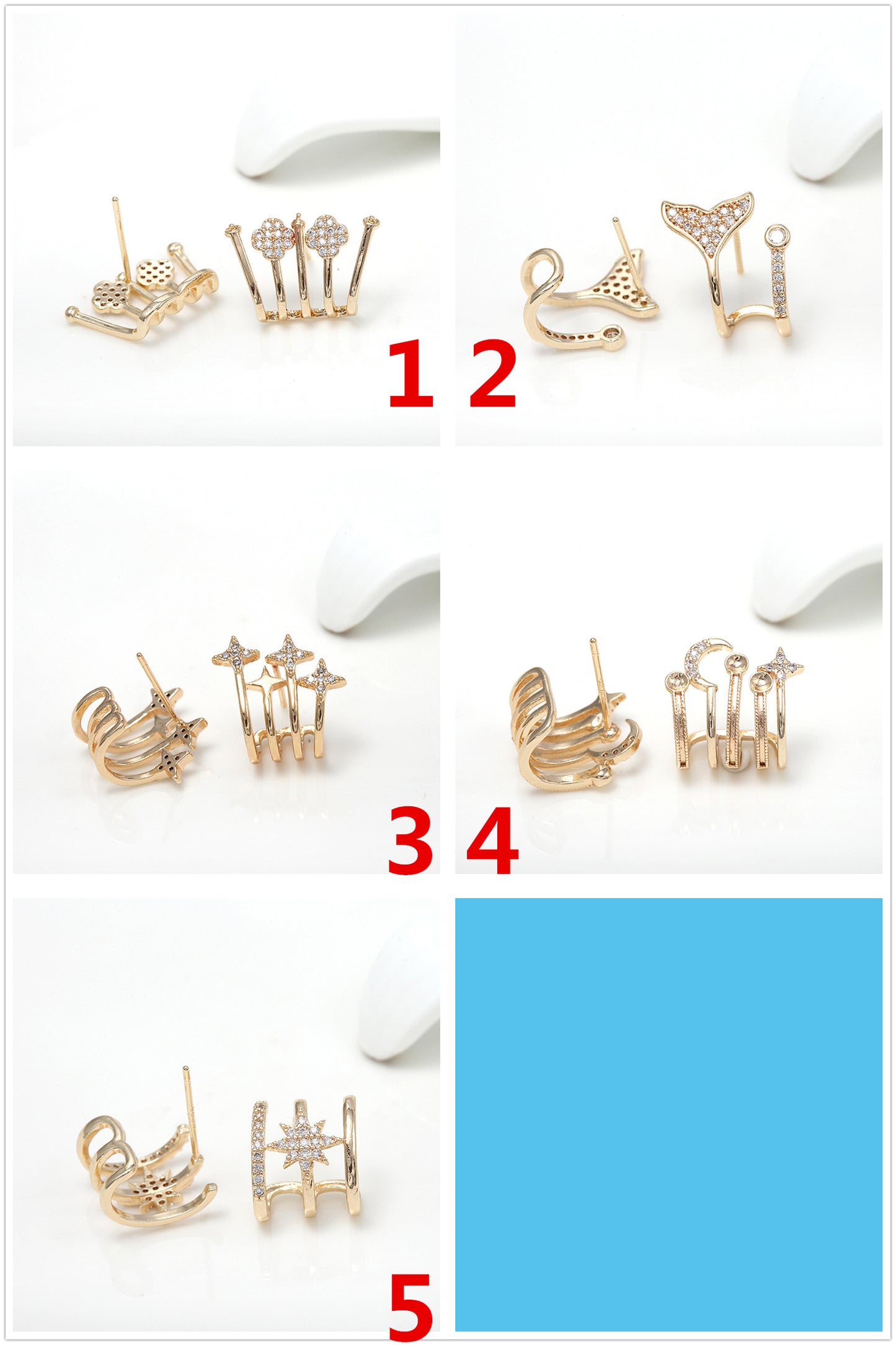4 florale Meerjungfrauen-Walschwanz-Stern-Ohrstecker, mit Strass verziert, 14K GF-Ohrring, halbgebohrte Perle, Rohling