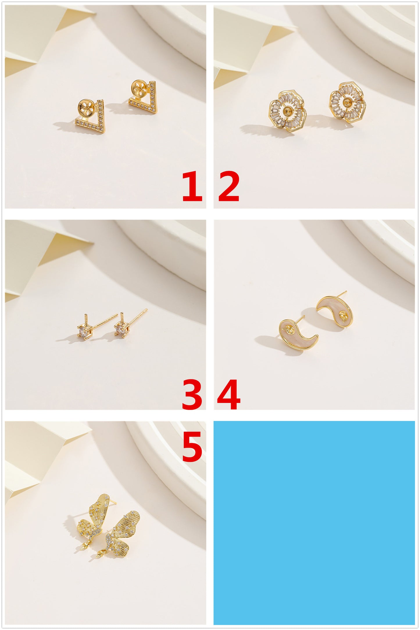 4 boucles d'oreilles florales à tige ornées de strass 14 carats GF, perles semi-percées vierges