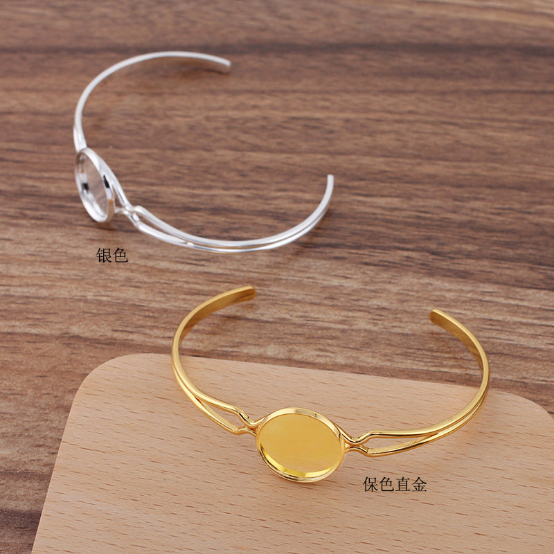 Bracelet à cercle ouvert à deux rangées de 5 bords unis, 18KGP, cabochon rond de 16mm, Base vierge, sertissage de pièces de pierres précieuses