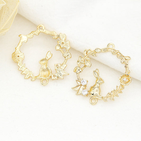 5 Double boucle Floral Rabbit Circle Charm Connecteur Strass Embelli 14K GF