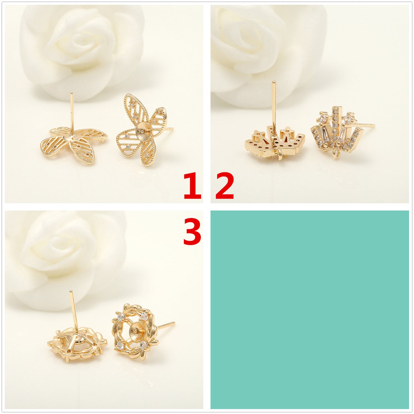 4 hohle Blumen-Kreis-Ohrstecker mit Strass verziert, 14-karätige GF-Ohrringe, halbgebohrte Perlen, Rohling