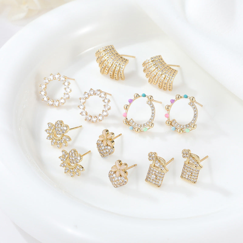 Boucles d'oreilles à tige en forme de cœur, 4 cercles perlés, ornées de strass 14K GF