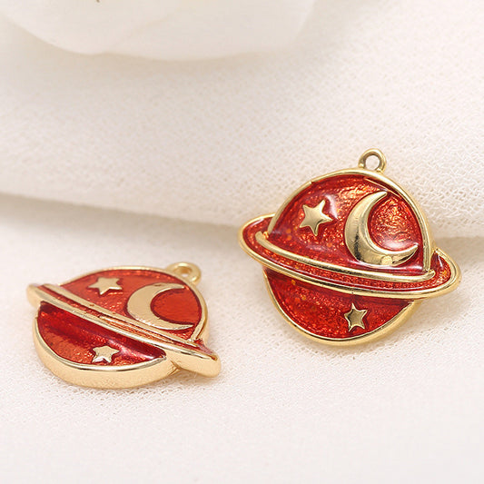 10 Saturn Planet Charm Pendentif Émail Epoxy 14K GF Strass Embelli