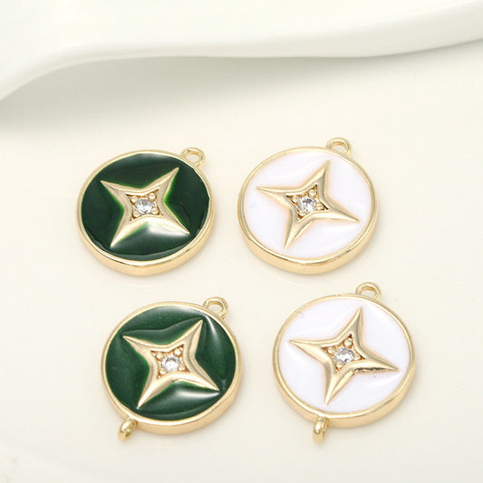 2 runde Stern-Charm-Anhänger mit doppelter Schlaufe, Emaille-Epoxidharz-Strasssteinverzierung, 14K GF