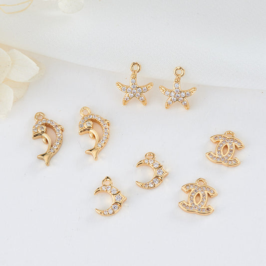 2 Double C Starfish Moon Dolphin Charm Pendant Rhinestone Embellished 14K GF