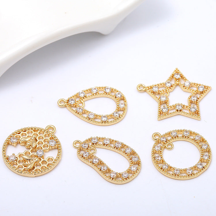 2 Round Honeycomb Star Waterdrop Circle Charm Pendant Rhinestone Embellished 14K GF