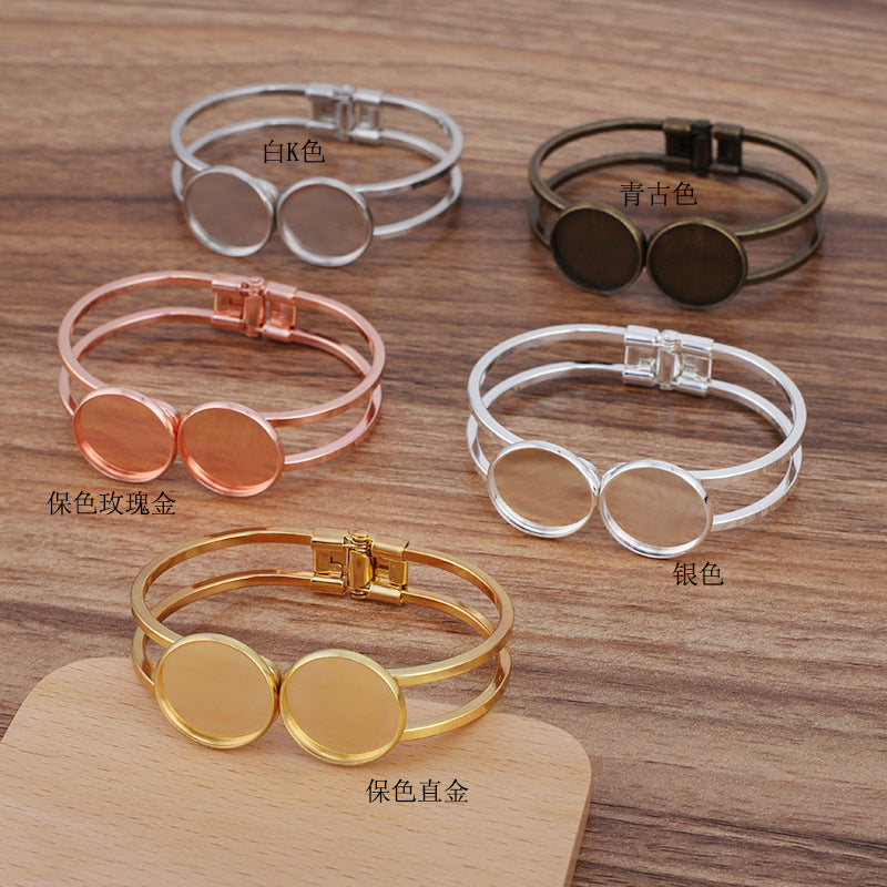 Bracelet circulaire ouvrable à deux rangées de 5 bords unis, 18KGP, Double cabochon rond de 20mm, Base vierge, réglage des pièces de pierres précieuses