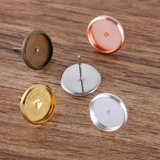100 Bezel Cup Stud Earrings 18KGP 8mm 10mm 12mm 14mm 16mm Round Cabochon Blank Base Gemstone Setting
