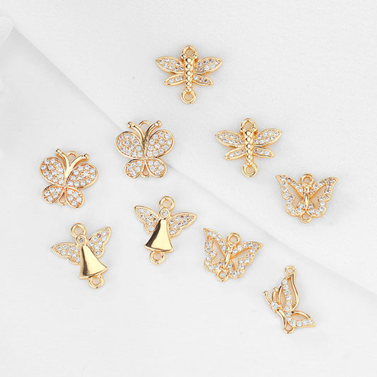 2 Double Looped Angel Butterfly Dragonfly Charm Connector Rhinestone Embellished 14K GF