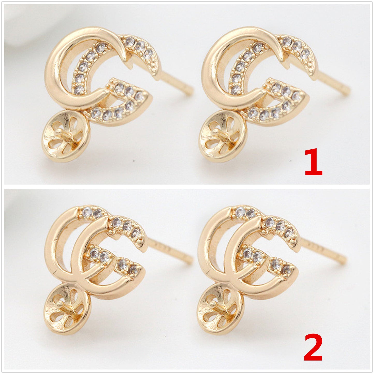 Boucles d'oreilles à tige avec 4 lettres, ornées de strass, 14 carats, GF, perles à moitié percées, vierges