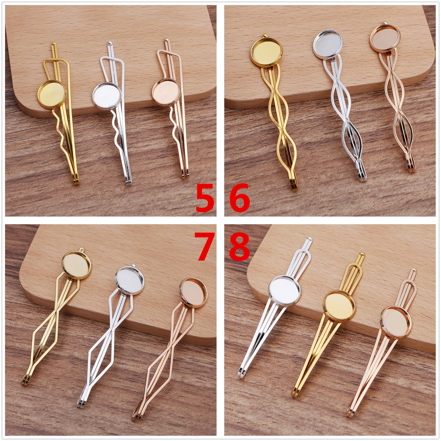 30 Plain Edge Bezel Cup Straight Hair Clip Hairpin 18KGP 12mm Round Cabochon Blank Base Gemstone Piece Setting