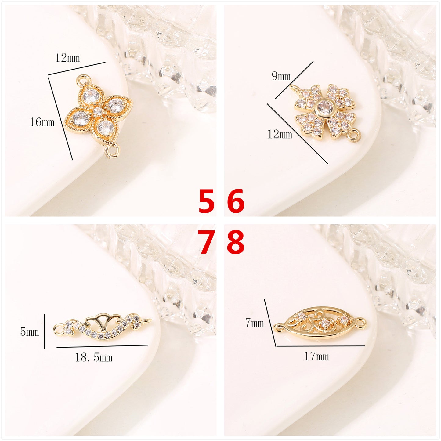 2 Double Looped Floral Snowflake Diamond Olive Charm Connector Rhinestone Embellished 14K GF