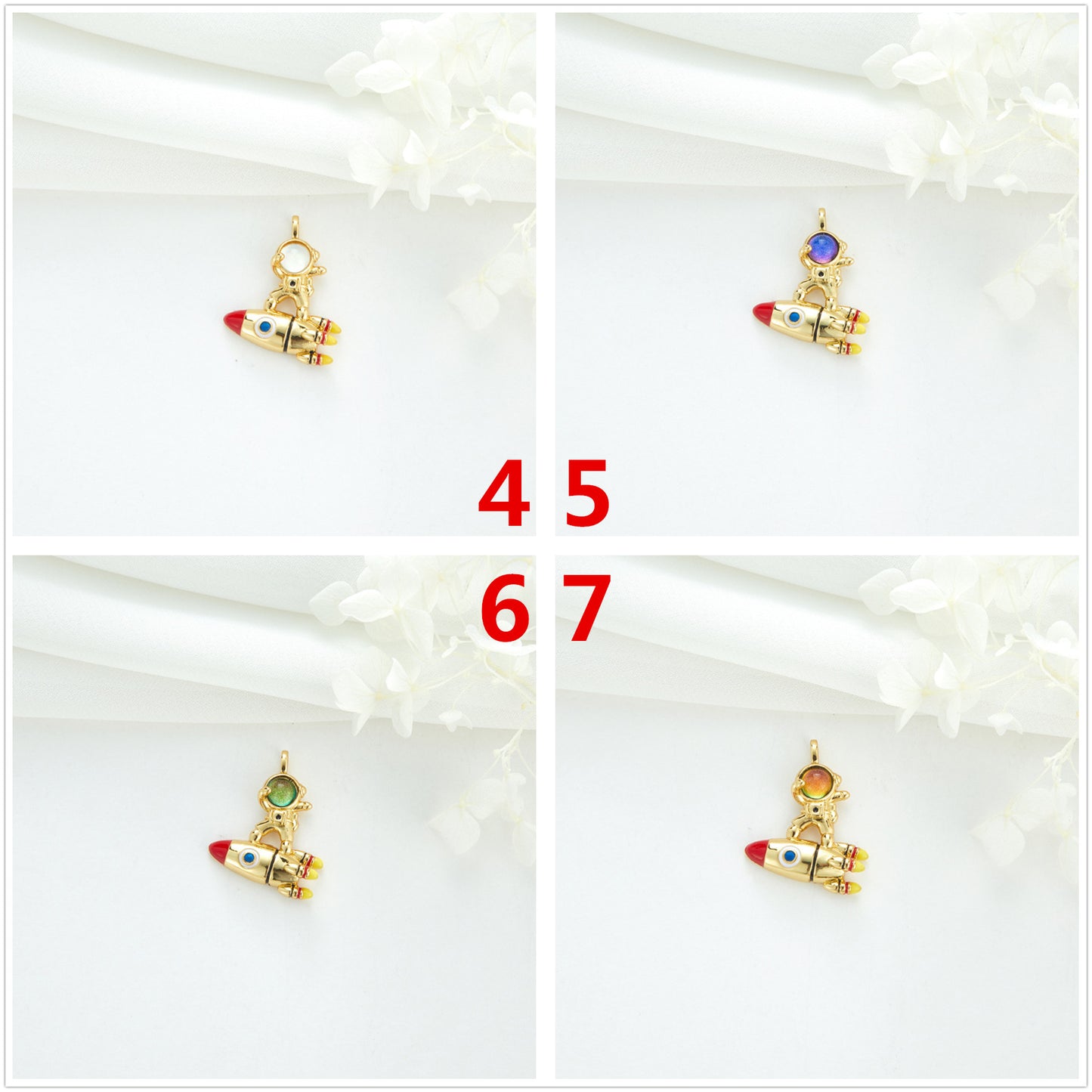 2 Cateye-Steine, Astronaut auf Mond, Rakete, Schwan, Katze, Charm-Anhänger, Harz, Strass, verziert, 14 K GF