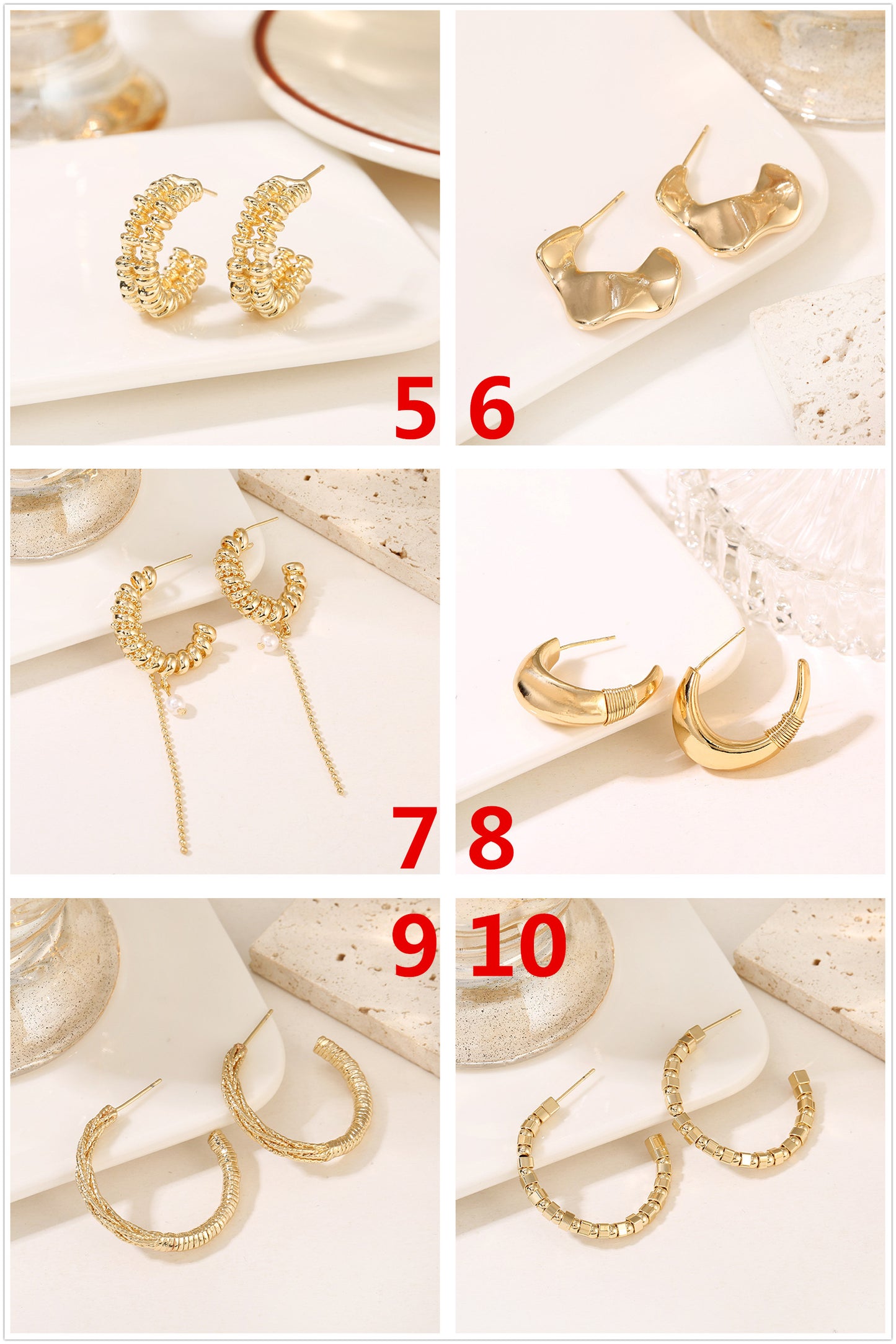 4 Glossy Semi Circle Chunky Stud Earrings 14K GF Earing