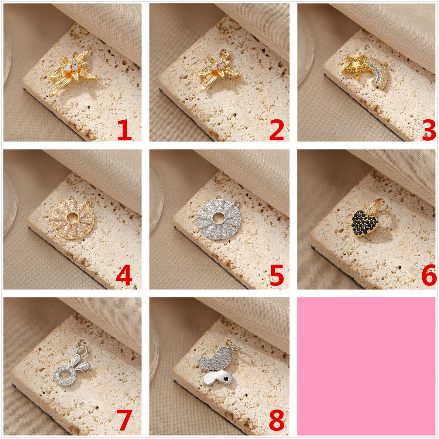 2 Blumensterne runder Kreis Herz Hase Schmetterling Charm Anhänger Strass verziert 14K GF