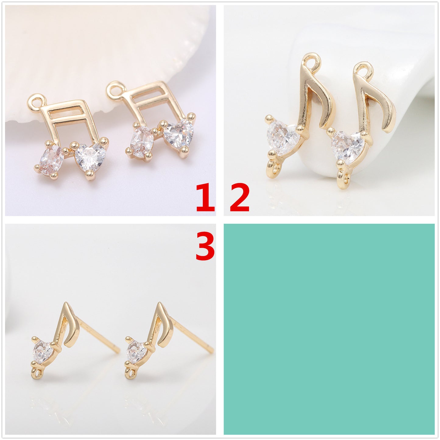 10 Music Sign Charm Pendant Double Looped Link Stud Earrings Rhinestone Embellished 14K GF