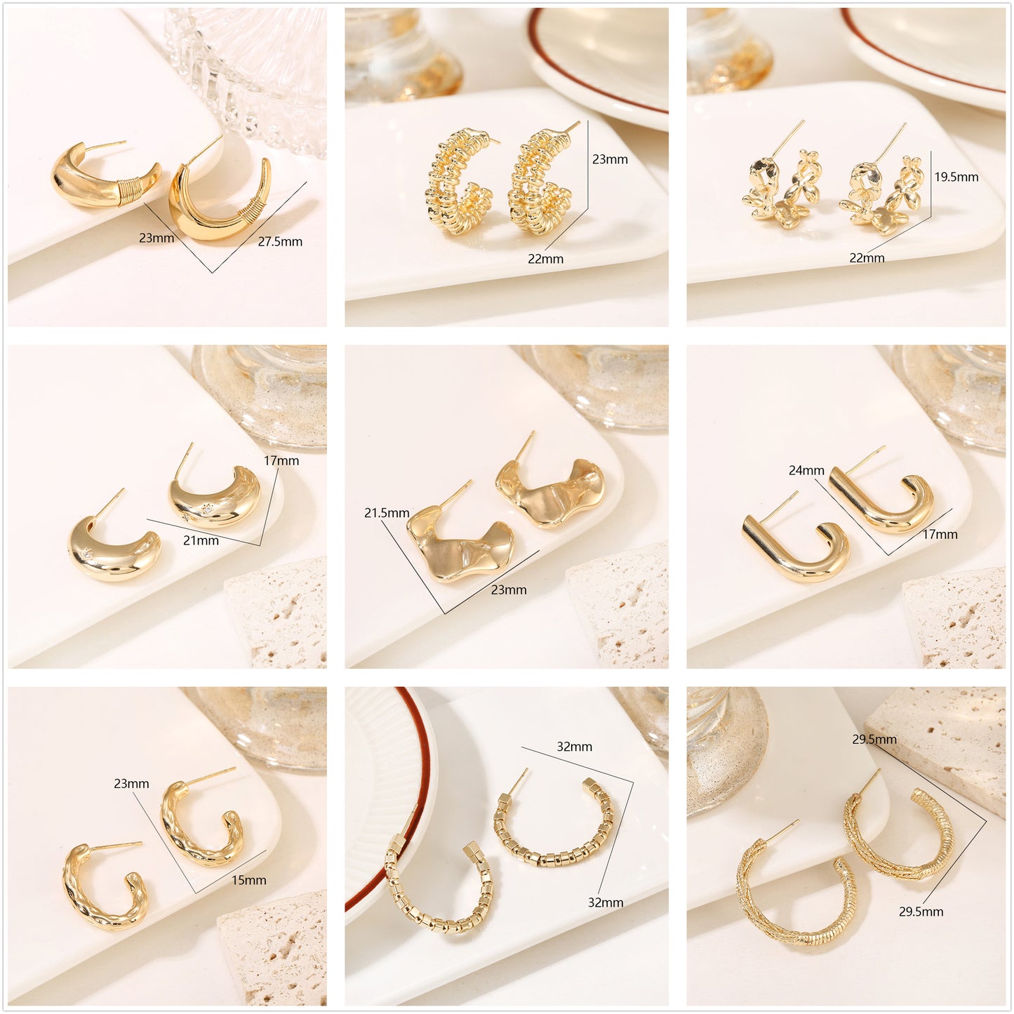 4 Glossy Semi Circle Chunky Stud Earrings 14K GF Earing