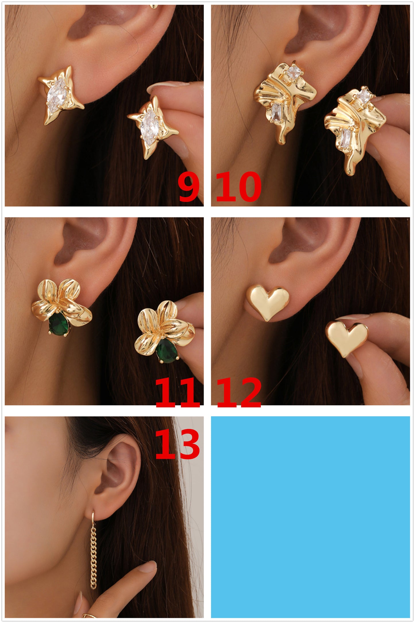 4 boucles d'oreilles créoles en forme de cœur et d'étoile florales ornées de strass 14K GF