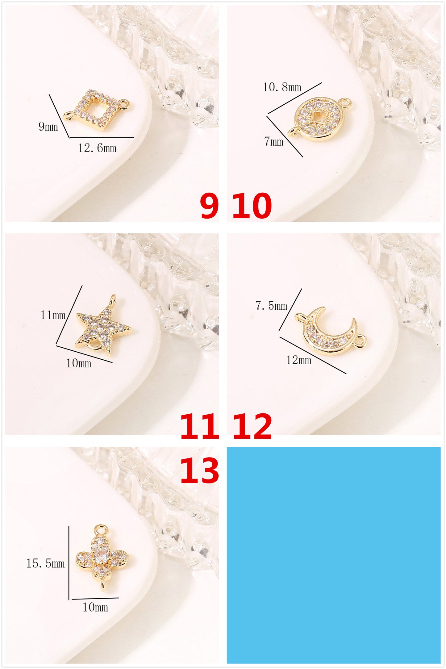 2 Double Looped Floral Snowflake Diamond Olive Charm Connector Rhinestone Embellished 14K GF