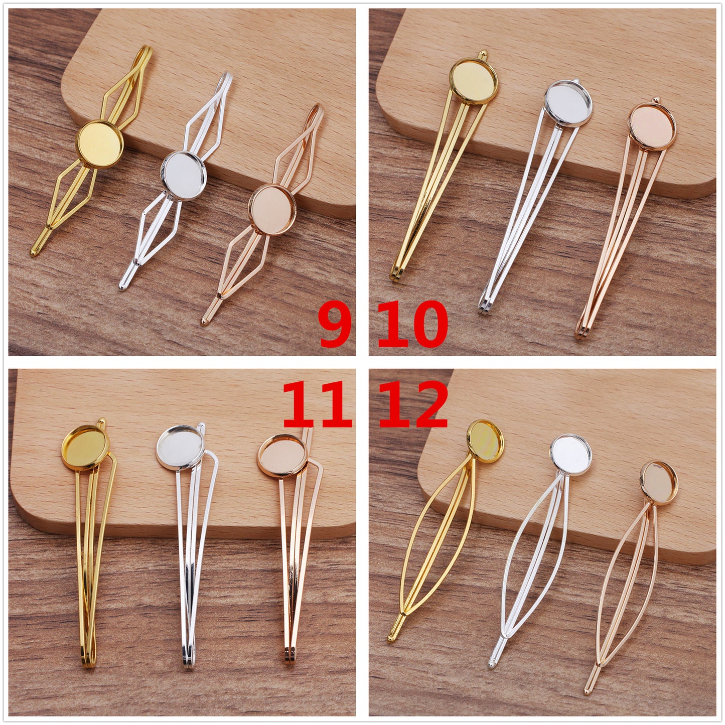 30 Plain Edge Bezel Cup Straight Hair Clip Hairpin 18KGP 12mm Round Cabochon Blank Base Gemstone Piece Setting