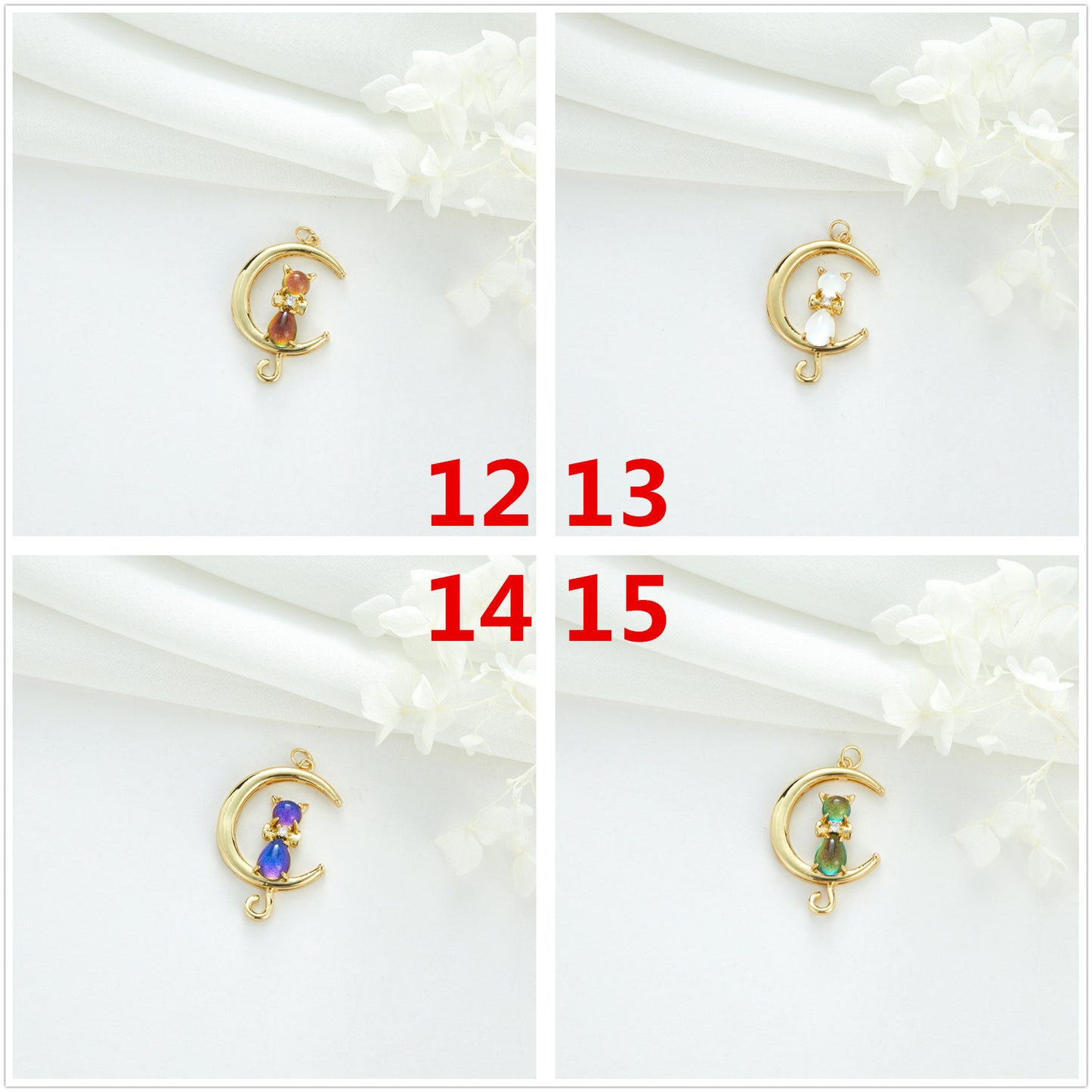 2 Cateye-Steine, Astronaut auf Mond, Rakete, Schwan, Katze, Charm-Anhänger, Harz, Strass, verziert, 14 K GF