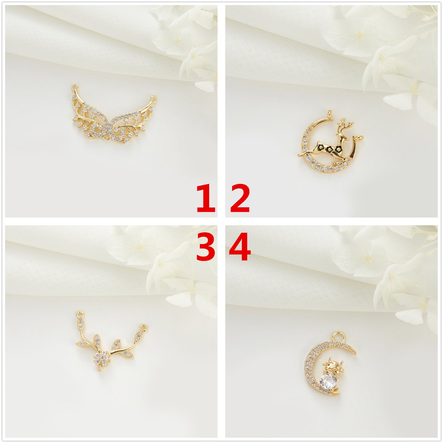 2 Engelsflügel-Rentier-Mond-Charm-Anhänger mit Strassverzierung aus 14-karätigem GF