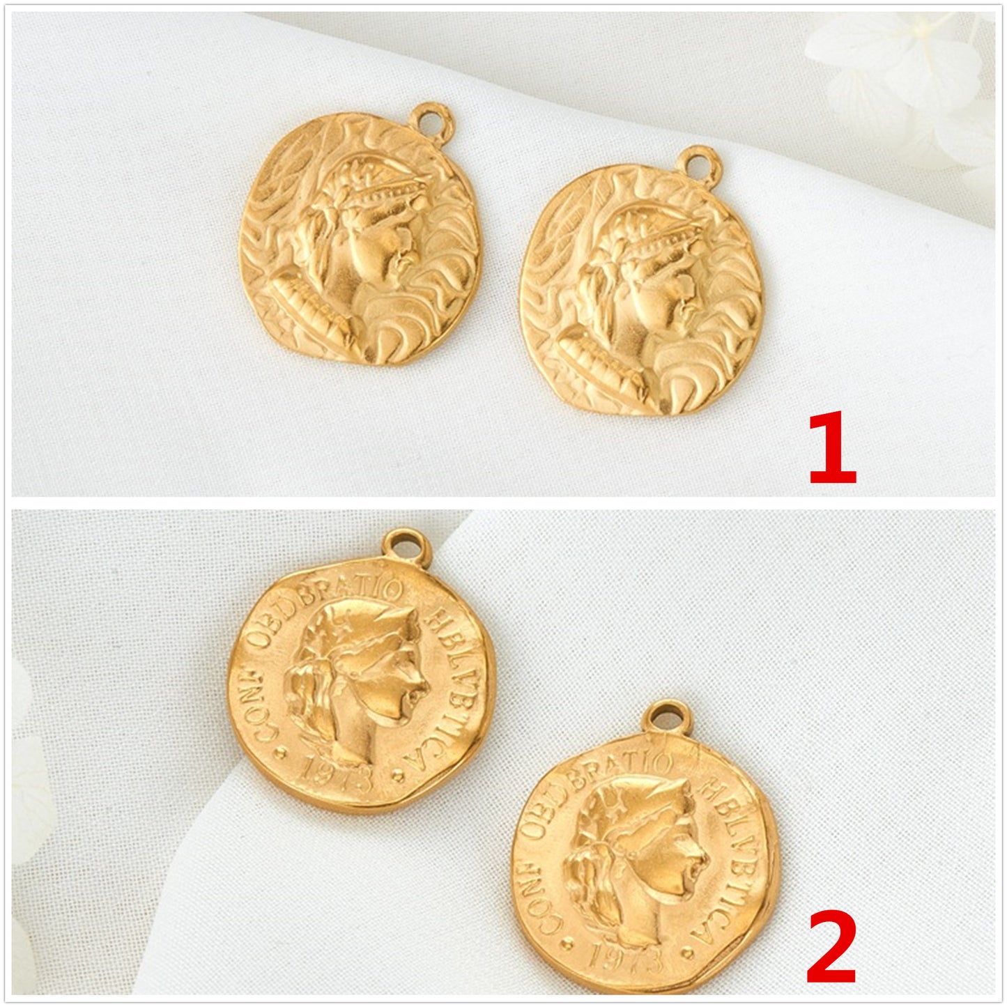 Pendentif à breloque pièce de monnaie 2 portraits 14K GF
