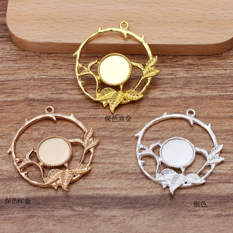 20 Filigree Serrated Edge Bezel Cup Leaf Vein Charm Pendant 18KGP 12mm Round Cabochon Blank Base Gemstone Piece Setting