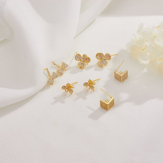 4 Ohrstecker mit Blumen-Schleife, kubische Biene, mit Strasssteinen verziert, 14-Karat-GF-Ohrring, halbgebohrte Perle, Rohling