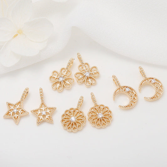 10 pendentif à breloque creux à quatre feuilles, clou de girofle, étoile ronde, lune florale, strass embelli 14K GF