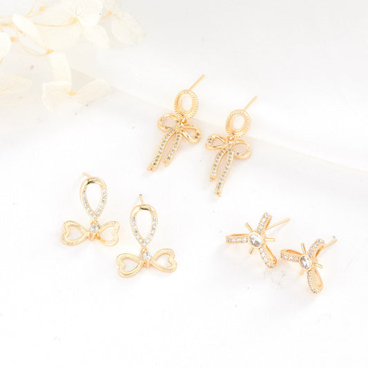 4 Bowknot Stud Earrings Rhinestone Embellished 14K GF Earing