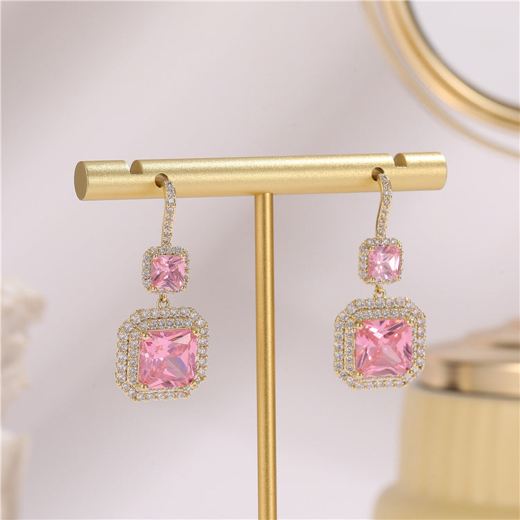 4 boucles d'oreilles à crochet à breloques carrées ornées de strass 14K GF Earing