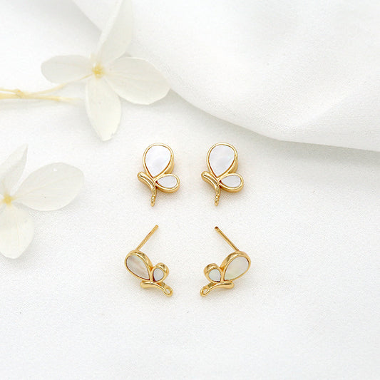 2 boucles d'oreilles à tige avec pendentif à breloque papillon, coquillage orné de strass, 14 carats GF