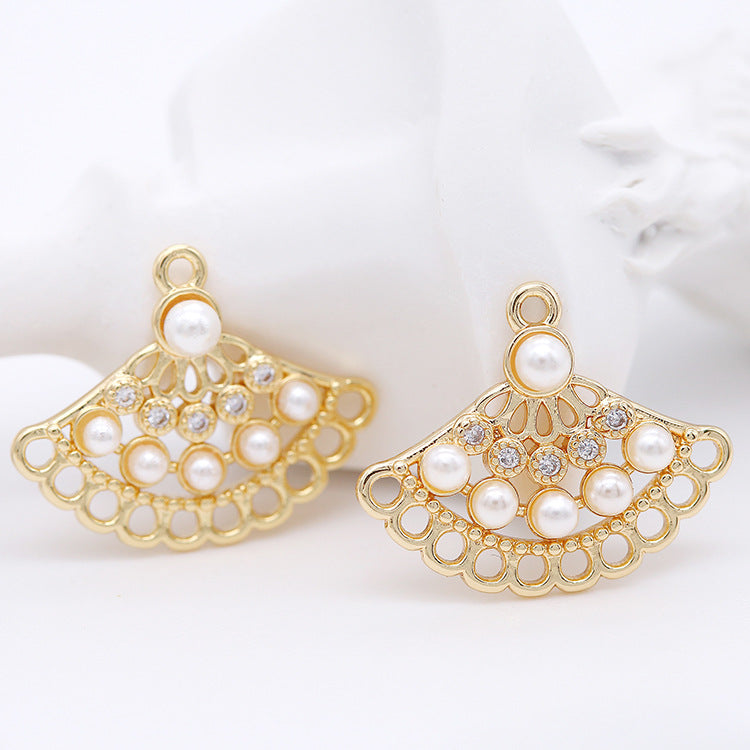 2 connecteurs de charme d'éventail creux à boucles multiples, perles strass embellies 14K GF