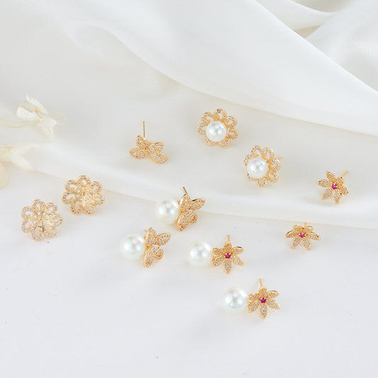 4 Floral Stud Earrings Rhinestone Embellished 14K GF Earing Half Drilled Pearl Bead Blank