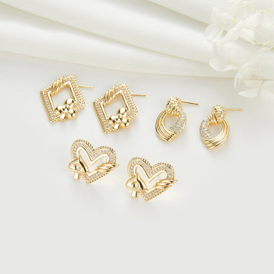 4 quadratische Herz-Oval-Kreis-Ohrstecker, 14-Karat-GF-Strassverzierung