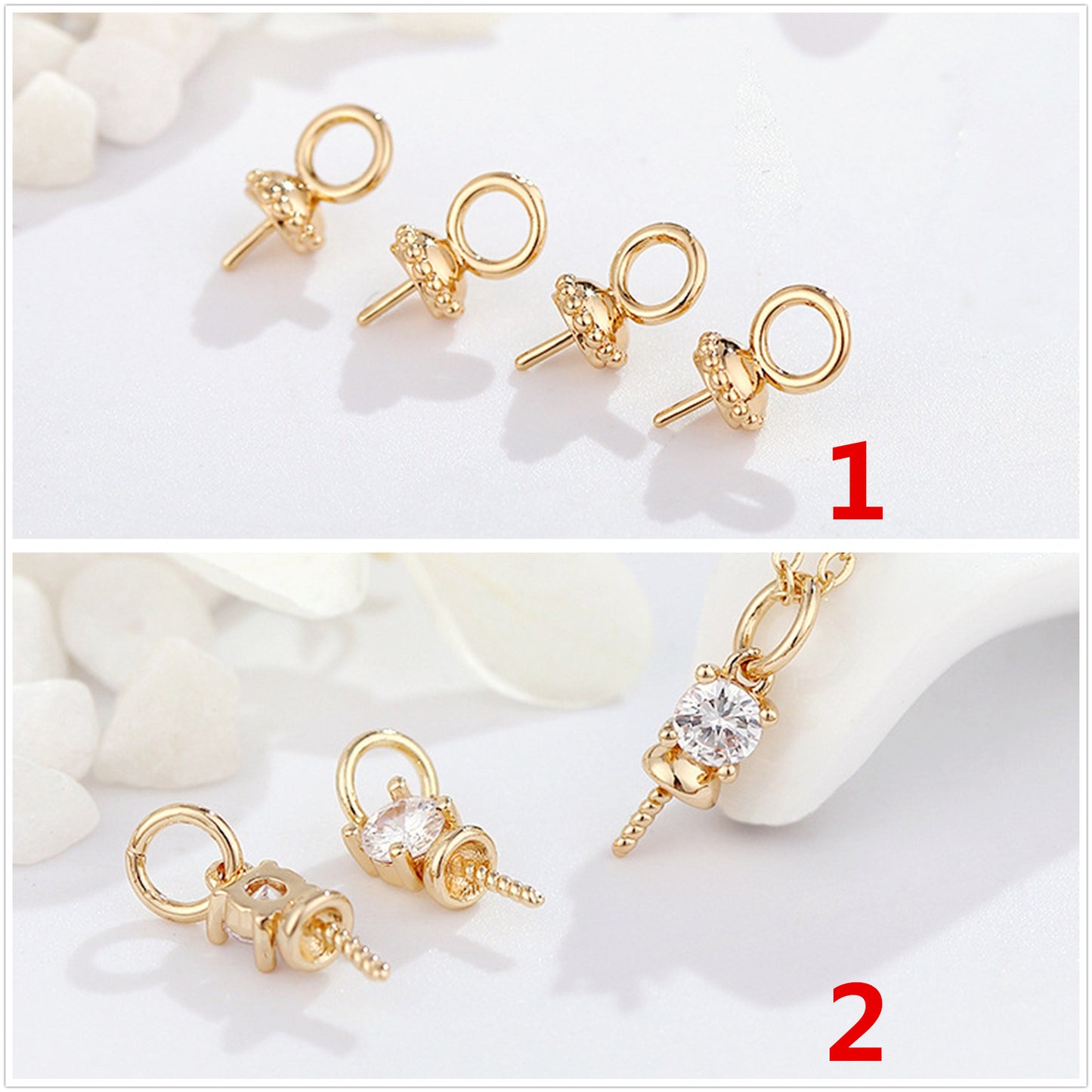 2 broches Bail strass embelli 14K GF pendentif anneaux supérieurs connecteur moitié percé perle perle vierge