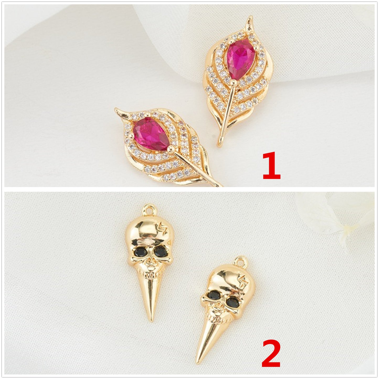 2 Feather Skull Charm Pendant Rhinestone Embellished 14K GF