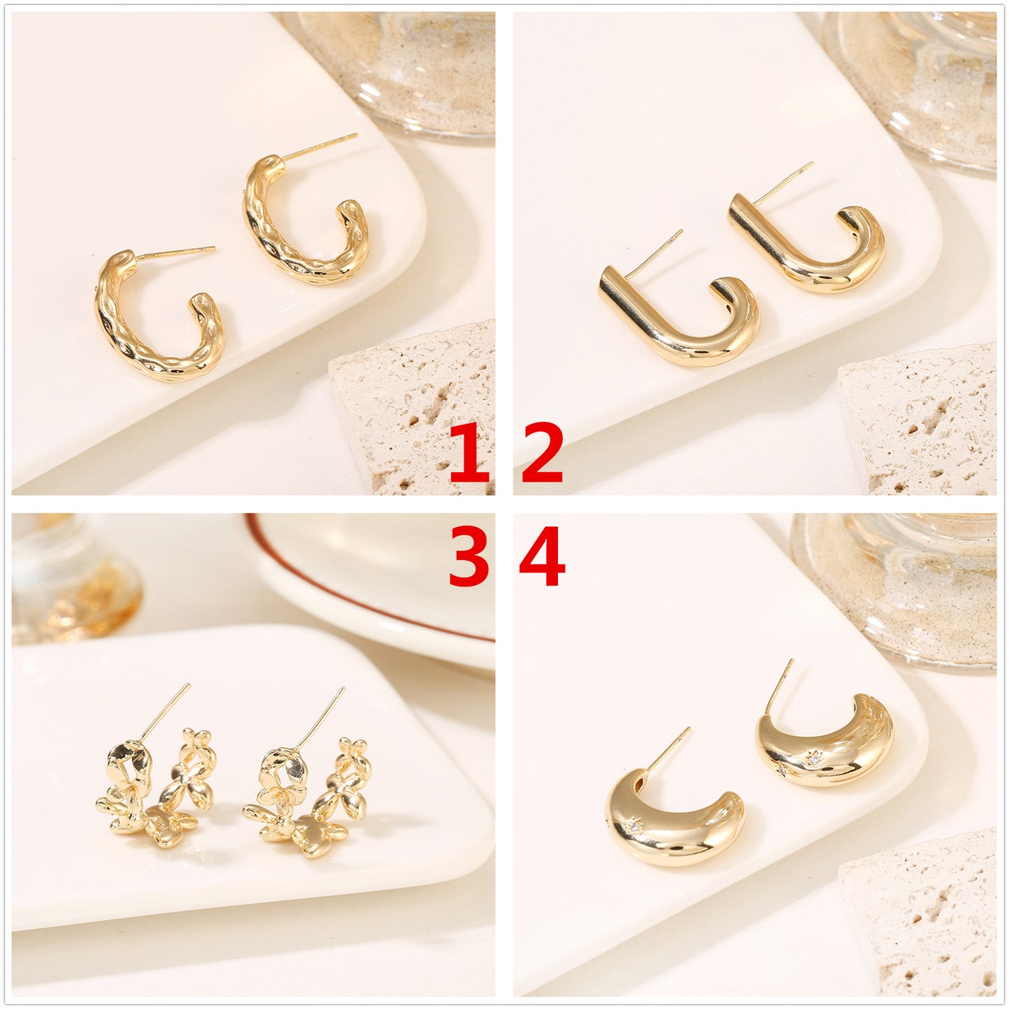 4 Glossy Semi Circle Chunky Stud Earrings 14K GF Earing