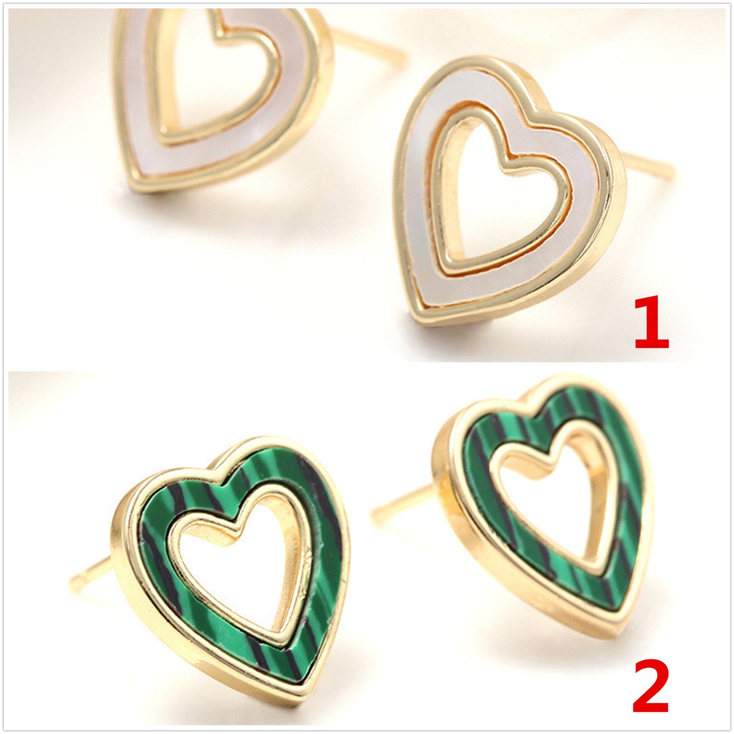 4 Herz-Kreis-Ohrstecker mit Malachit-Muschelverzierung, 14-Karat-GF-Ohrring