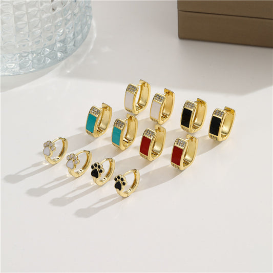 4 längliche, rechteckige Creolen mit Strassverzierung, Emaille-Epoxidharz-Ohrring aus 14 Karat GF