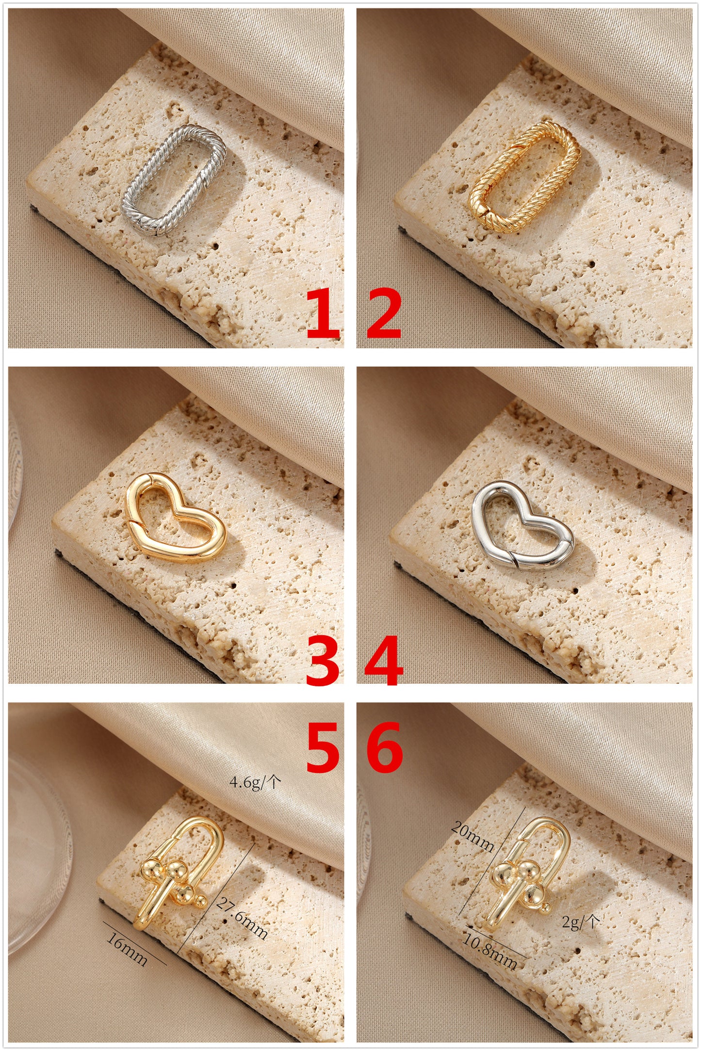 2 porte-clés oblongs en forme de cercle de cœur, fermoir mousqueton 14K GF