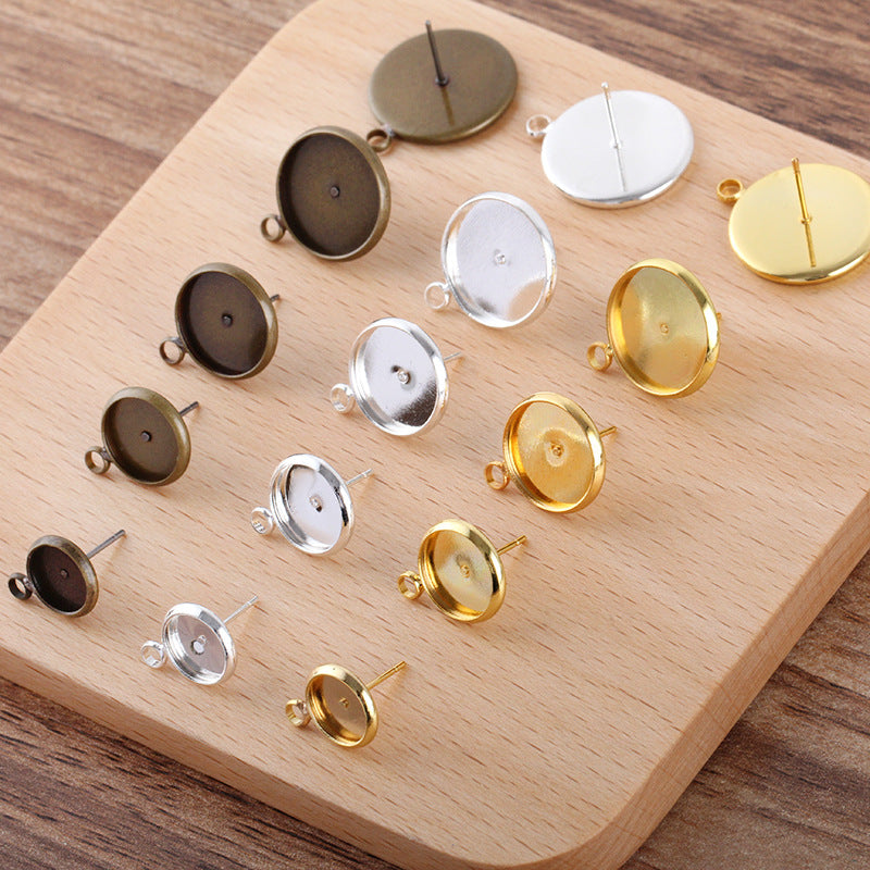 Boucles d'oreilles à tige avec boucle, 100, 18KGP, 8mm, 10mm, 12mm, 14mm, 16mm, cabochon rond, Base vierge, sertissage de pierres précieuses