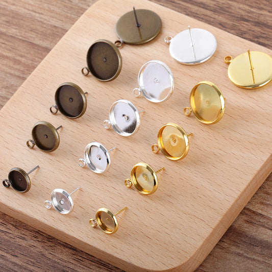 100 Bezel Cup Stud Earrings with Loop 18KGP 8mm 10mm 12mm 14mm 16mm Round Cabochon Blank Base Gemstone Setting