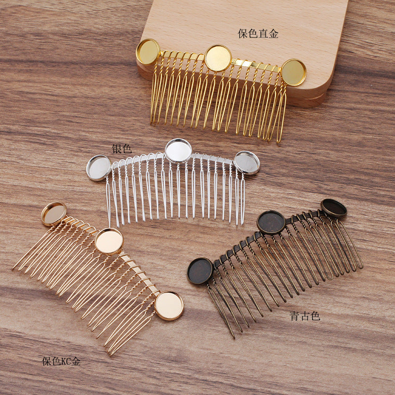 10 trois bords unis lunette coupe cheveux fourchette peigne épingle à cheveux 18KGP 12mm rond Cabochon Base vierge pierre précieuse pièce réglage